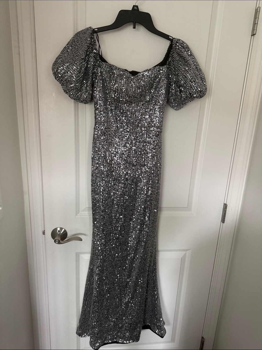 Silver Sequin Puff-Sleeve Maxi Dress